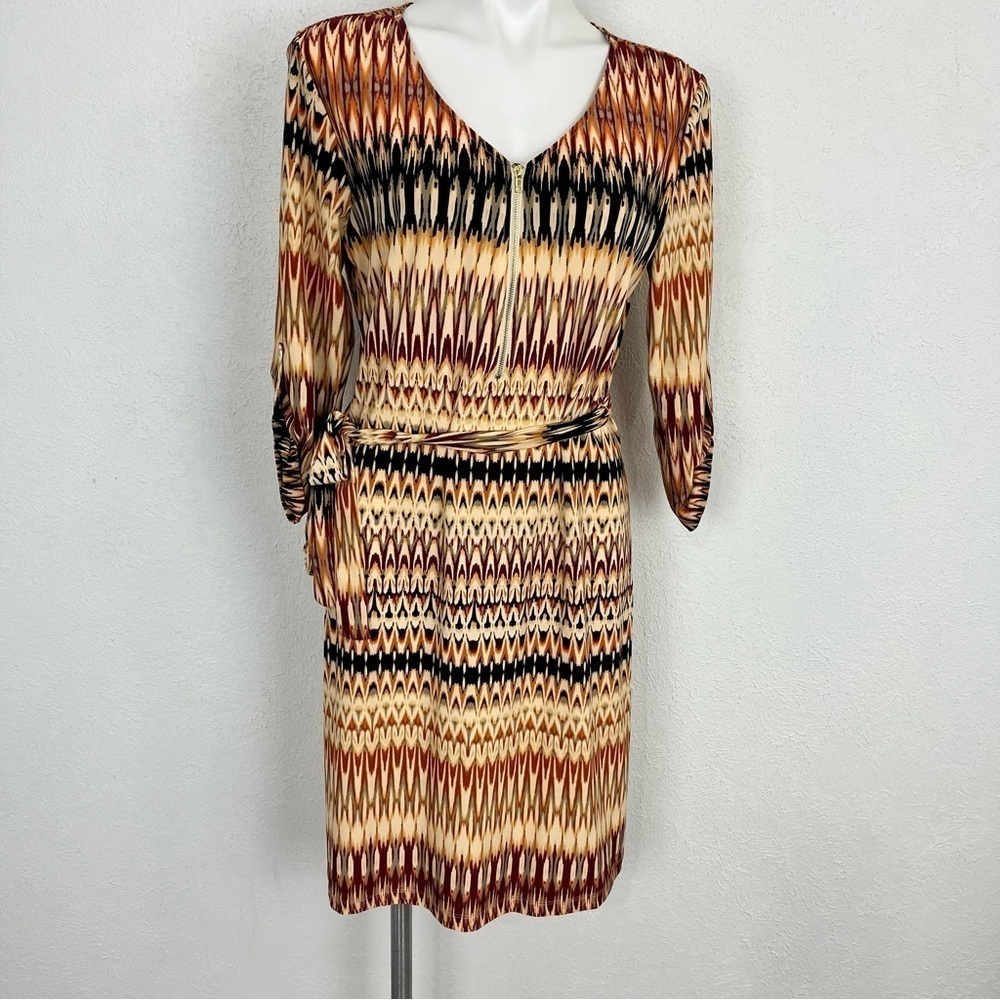 Tacera Black Rust and Maroon Midi Dress V Neck Gold Zipper Size M